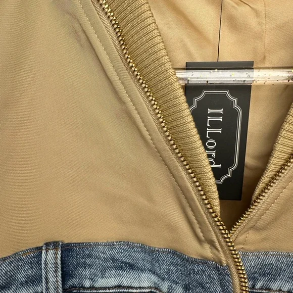 NWT Mesh Layer Bomber Jacket Denim and Tan Ruffle Jacket - Picture 10 of 13